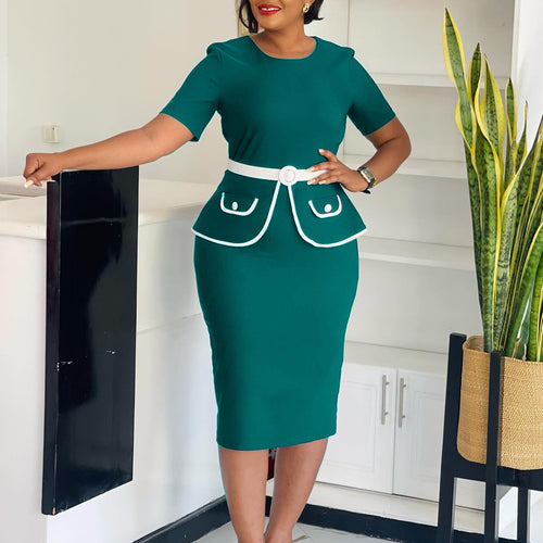 Women Elegant fitted dress with sparkling pocket application and wide belt Amarae