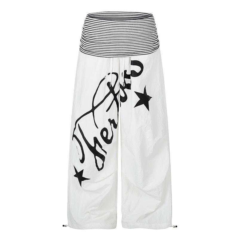 Women's Wide Palazzo Pants with High Striped Comfort Waistband and Statement Print Amarae