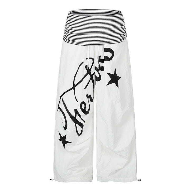 Women's Wide Palazzo Pants with High Striped Comfort Waistband and Statement Print Amarae