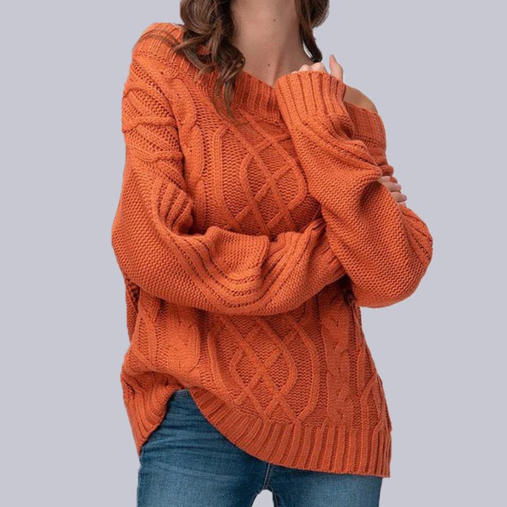 Chunky knit sweater for women with asymmetrical neckline and braided pattern Lune London