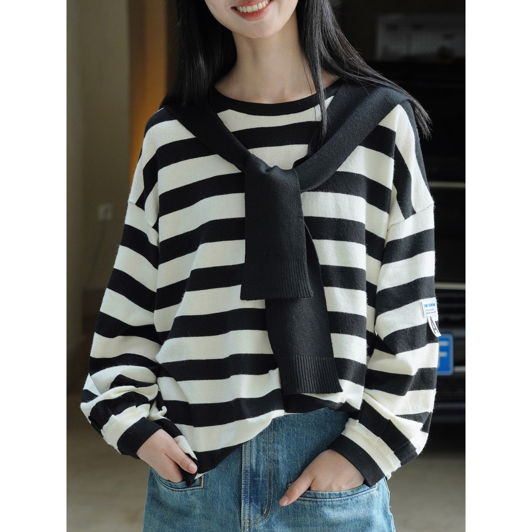 Women's Striped Cotton Fine Knit Sweater with Attached Knit Scarf Amarae