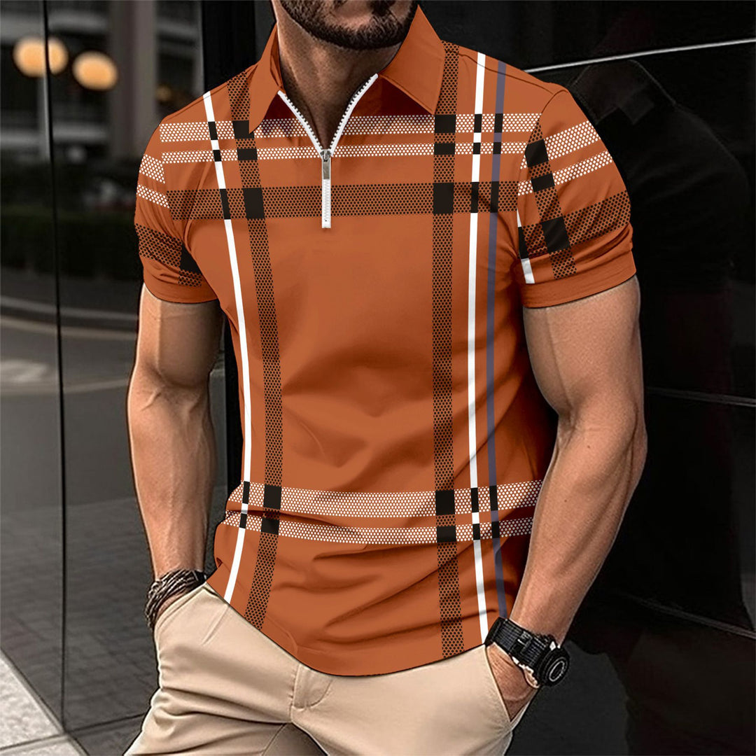 Men's Short Sleeve Polo with Modern Zip Closure and Chic Plaid Design