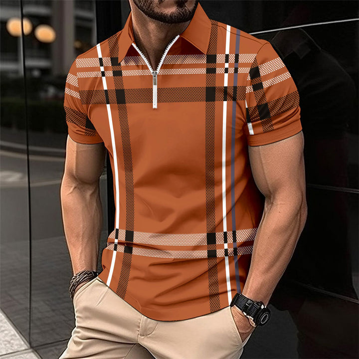 Men's Short Sleeve Polo with Modern Zip Closure and Chic Plaid Design