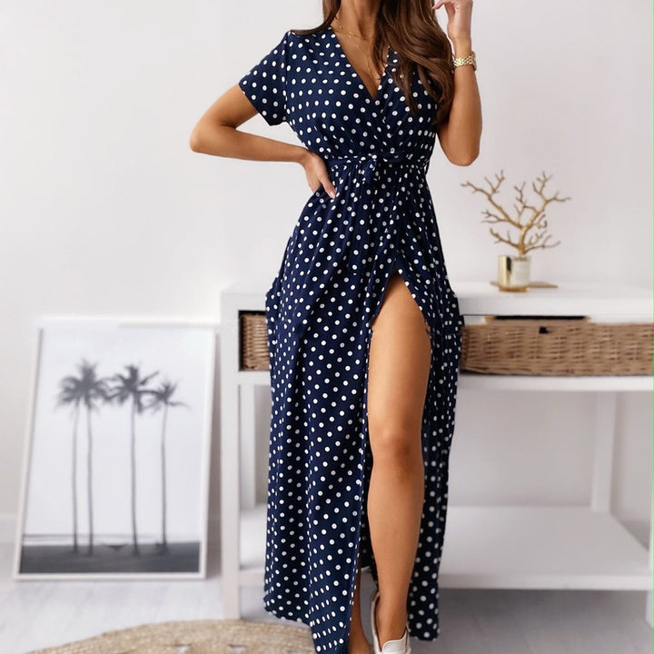 Maxi polka dot dress for women with side slit and tie belt Lune London