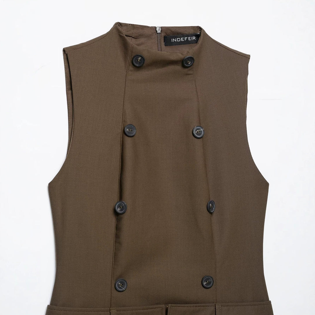 Women’s Sleeveless Pinafore Dress with Double-Breasted Button Placket and Tailored Fit Amarae
