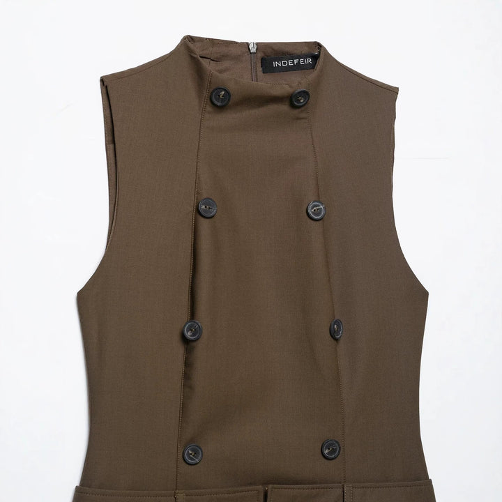 Women’s Sleeveless Pinafore Dress with Double-Breasted Button Placket and Tailored Fit Amarae