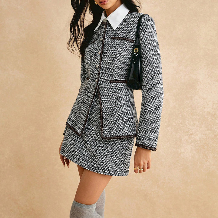 Women tweed blazer skirt set with stylish collar and elegant details Lune London