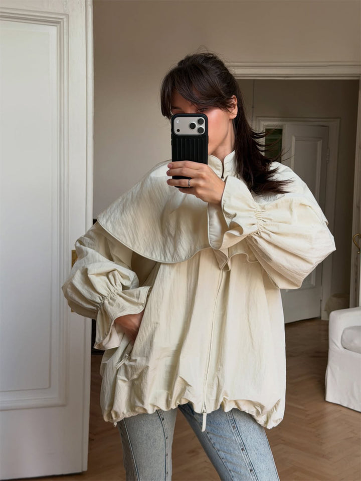 Women's Oversized Jacket with Cape Collar, Balloon Sleeves and Drawstring Amarae