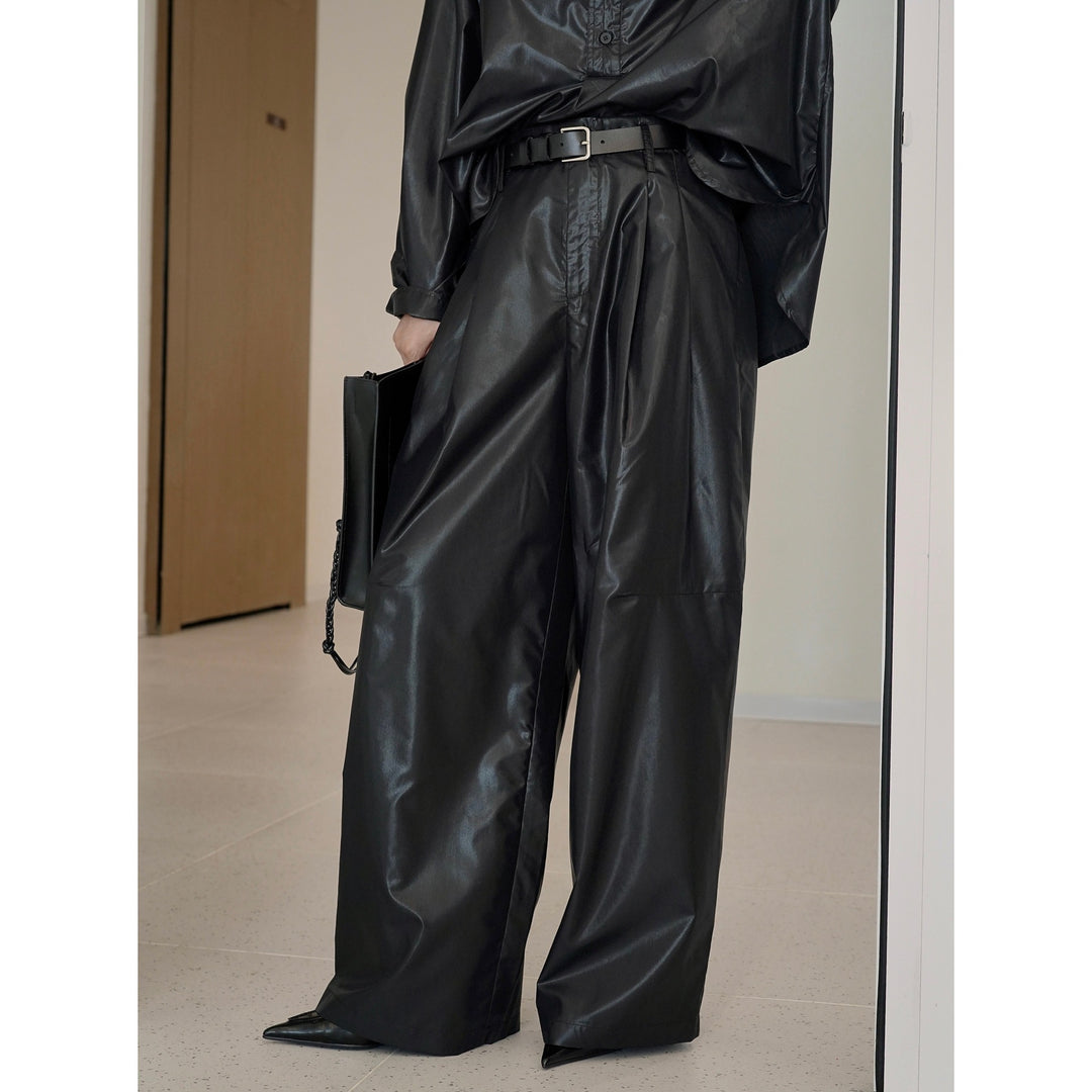 Women Wide Faux Leather Palazzo Pants with High Waist Amarae