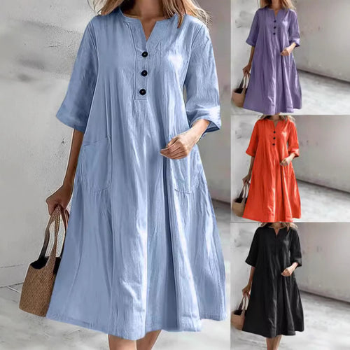 Casual linen dress for ladies with practical pockets and chic button details