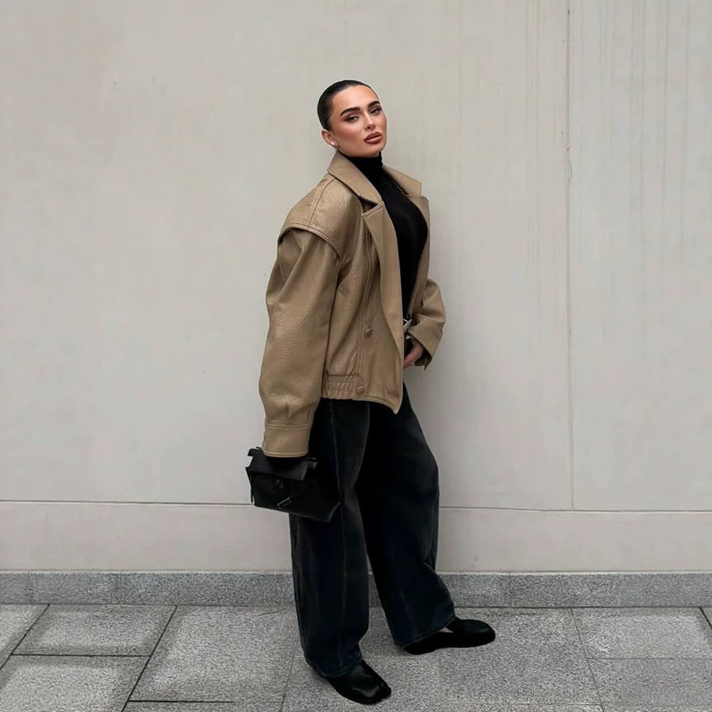 Women Oversize Faux Leather Bomber Jacket with Boxy Cut and Wide Lapel Amarae