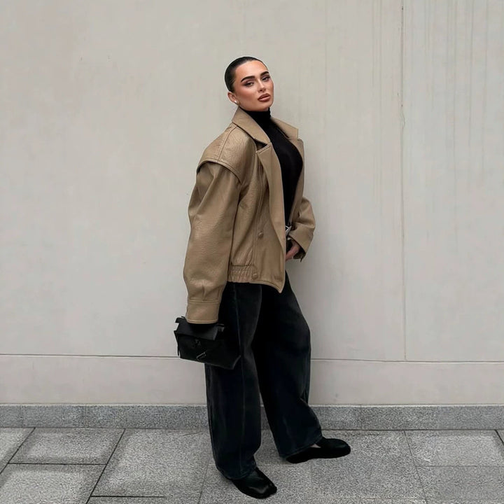 Women Oversize Faux Leather Bomber Jacket with Boxy Cut and Wide Lapel Amarae