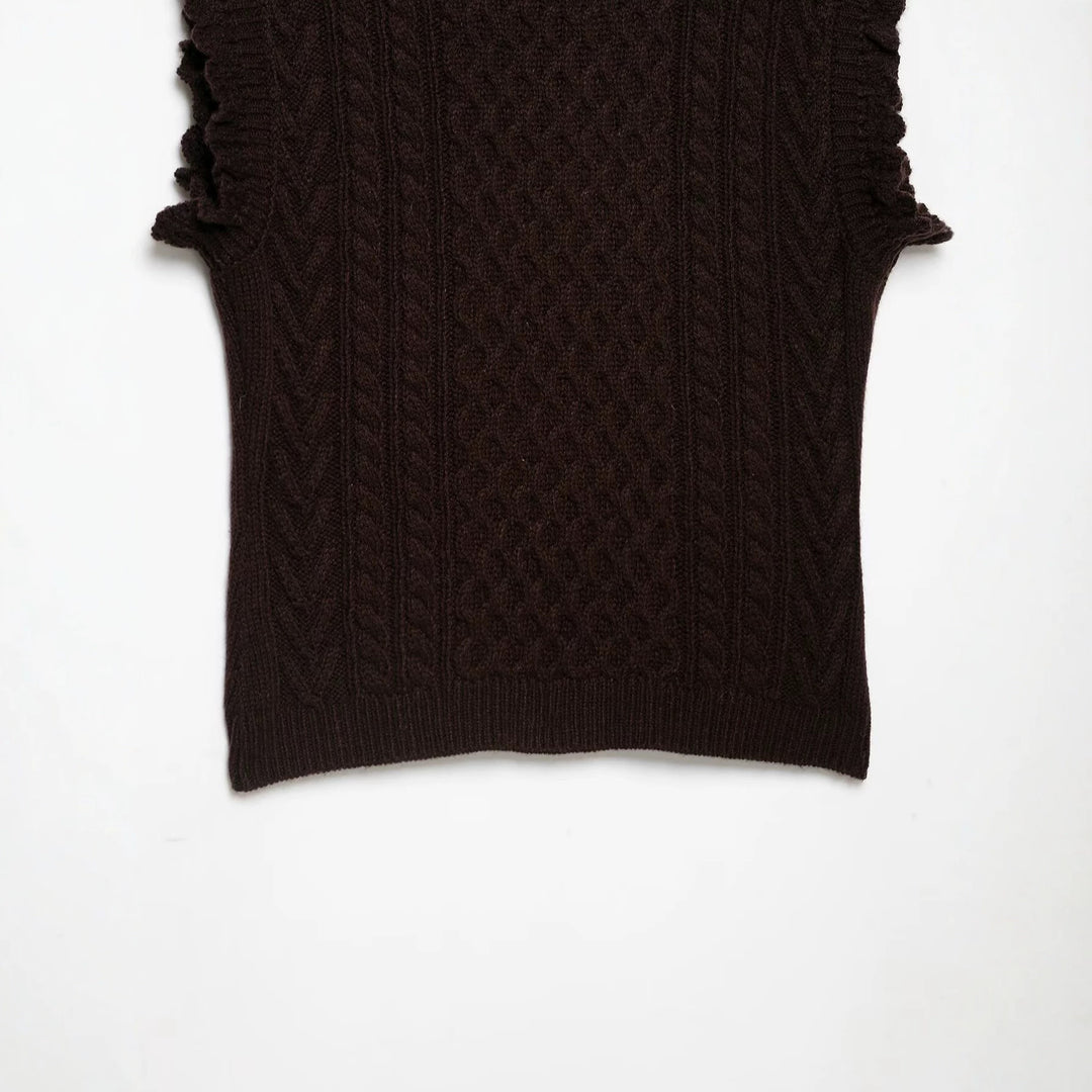 Women's Sleeveless Cable Knit Vest with Button Placket and Ruffled Hem Amarae
