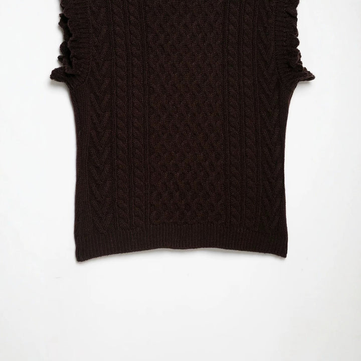 Women's Sleeveless Cable Knit Vest with Button Placket and Ruffled Hem Amarae