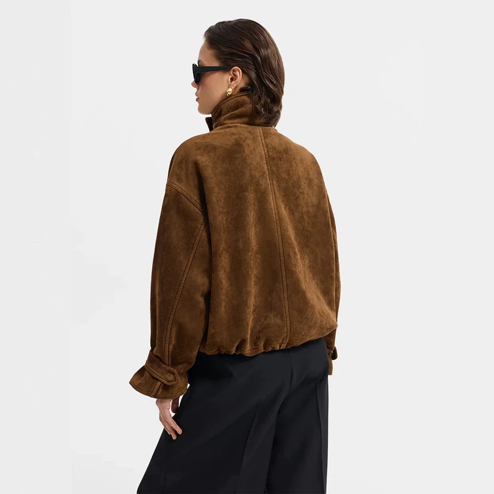 Ladies Oversize Suede Blouson with Large Flap Pockets and Stand-up Collar Amarae