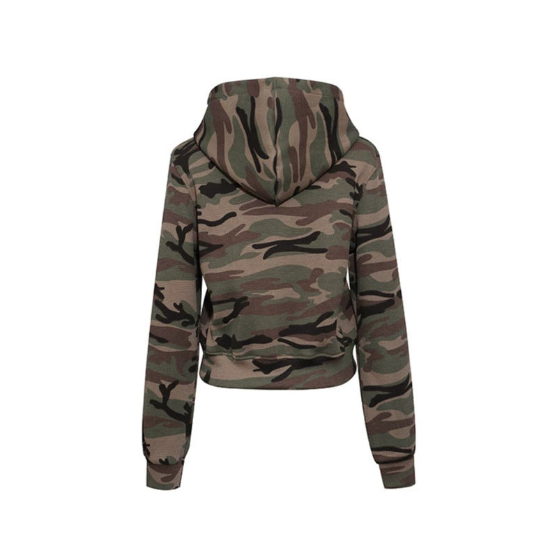 Women's Cropped Hoodie in Camouflage Structure Knit with Beaded Writing Amarae