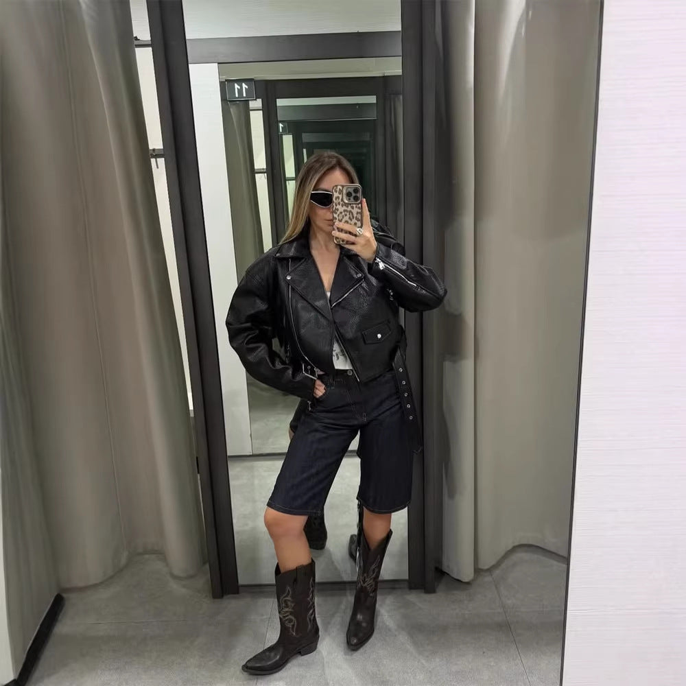 Women Short Structured Biker Jacket Made of Faux Leather Amarae