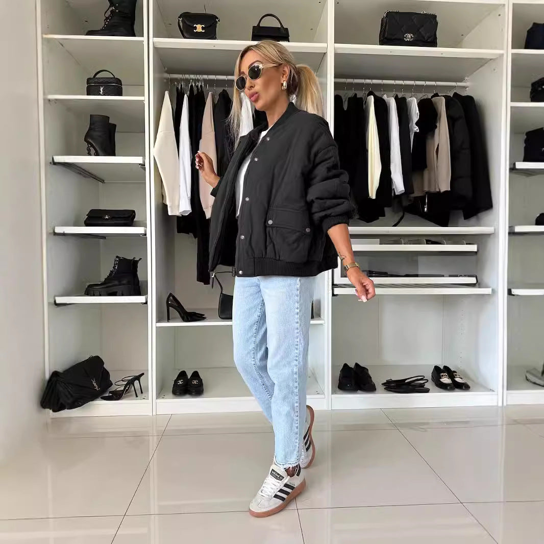 Ladies oversized casual quilted jacket with ribbed knit details Amarae