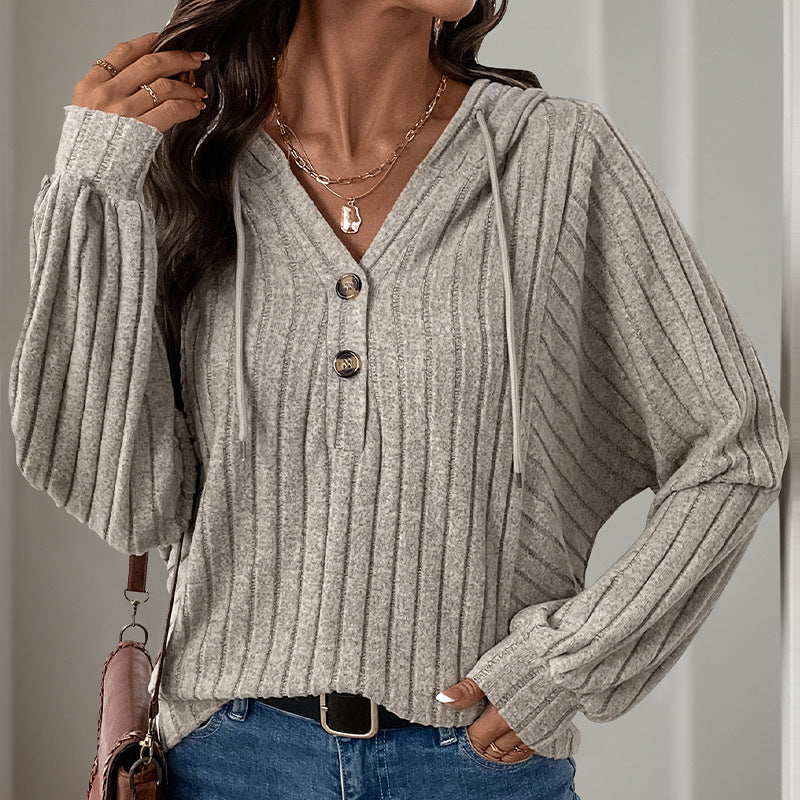 Ladies casual hoodie with textured ribbed pattern and button placket Lune London