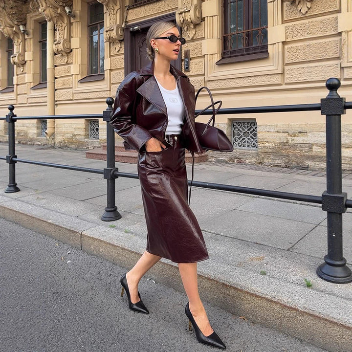 Women's Patent Leather Biker Jacket with Oversized Lapels, Boxy Cut & Visible Zipper Amarae