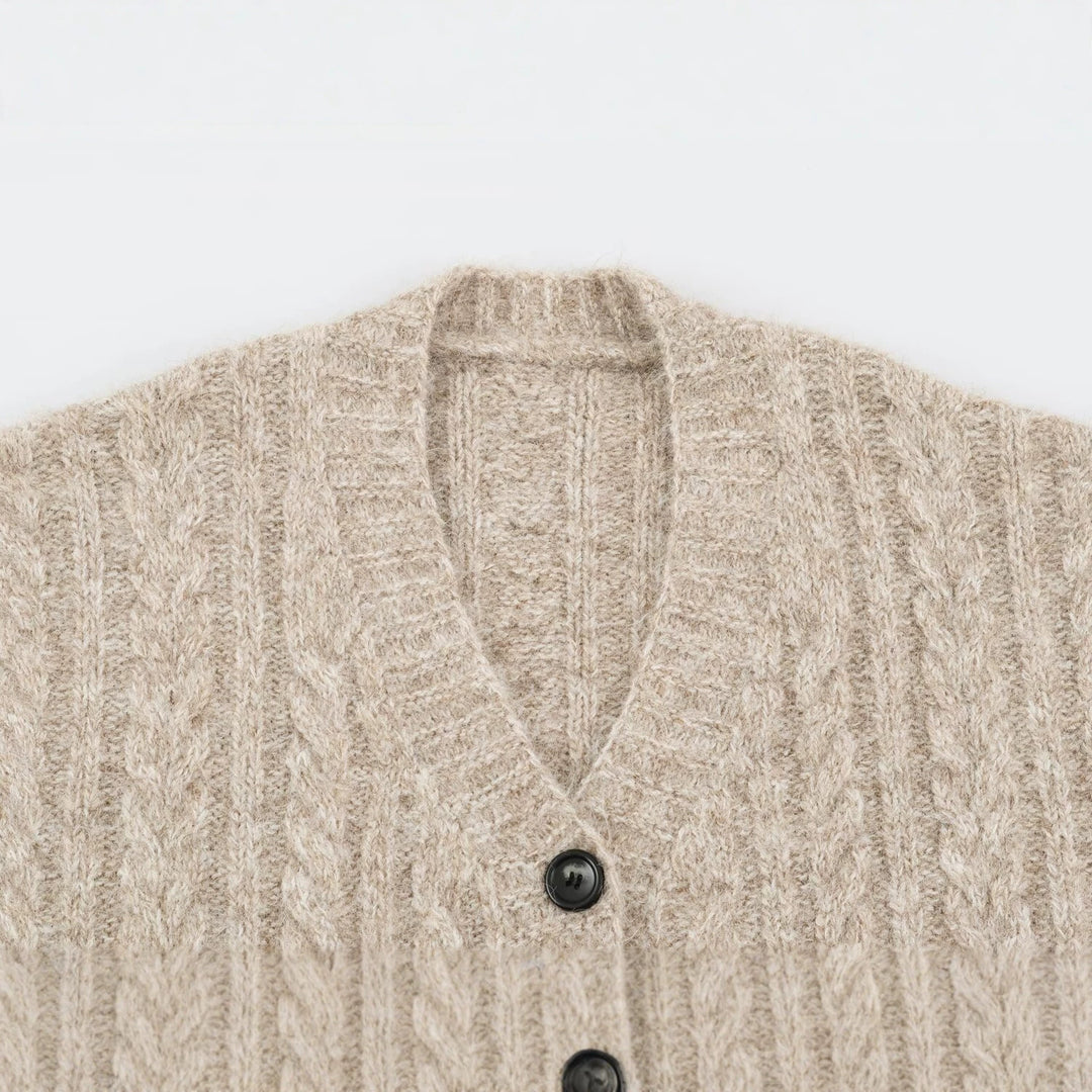 Women Large Knitted Oversize Cardigan with Cable Knit V-Neck and Patch Pockets Amarae