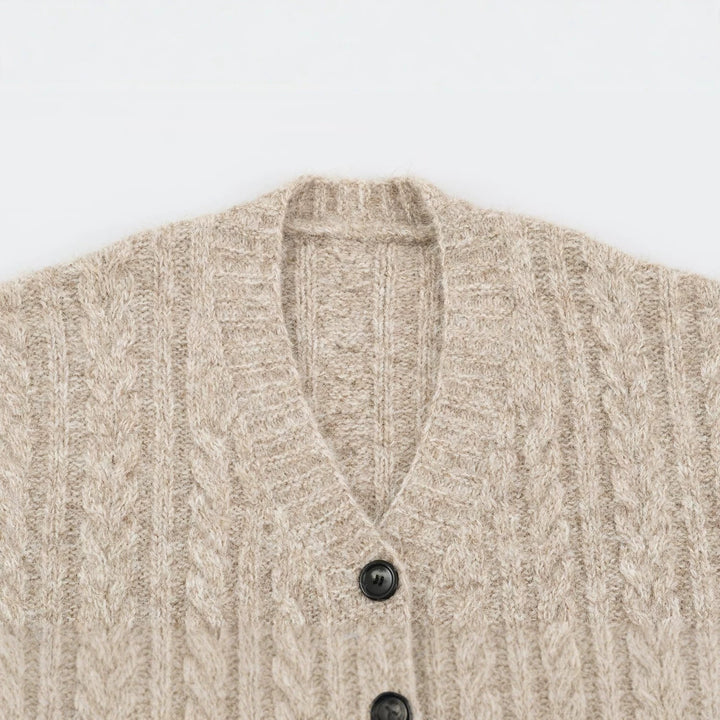 Women Large Knitted Oversize Cardigan with Cable Knit V-Neck and Patch Pockets Amarae