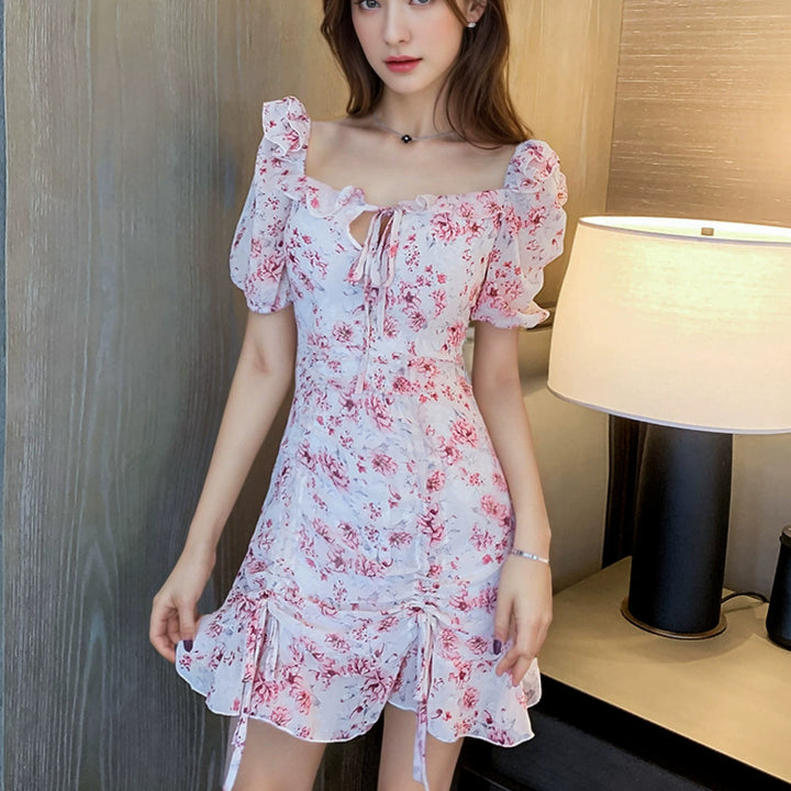 Lune London floral patterned tulle puff sleeve mini dress for women