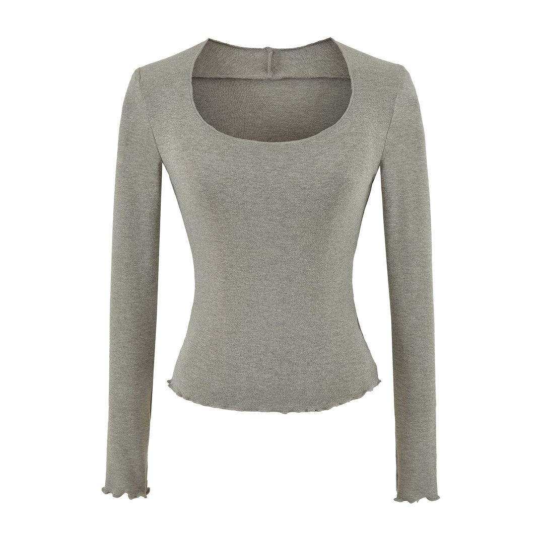 Women Fitted Long Sleeve Fine Knit Top with Square Neckline and Wave Hem Amarae