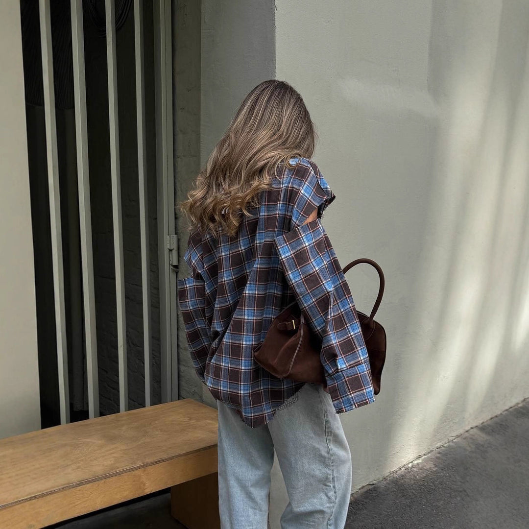 Women checked oversized shirt jacket with cut-out sleeves and raw hem Amarae