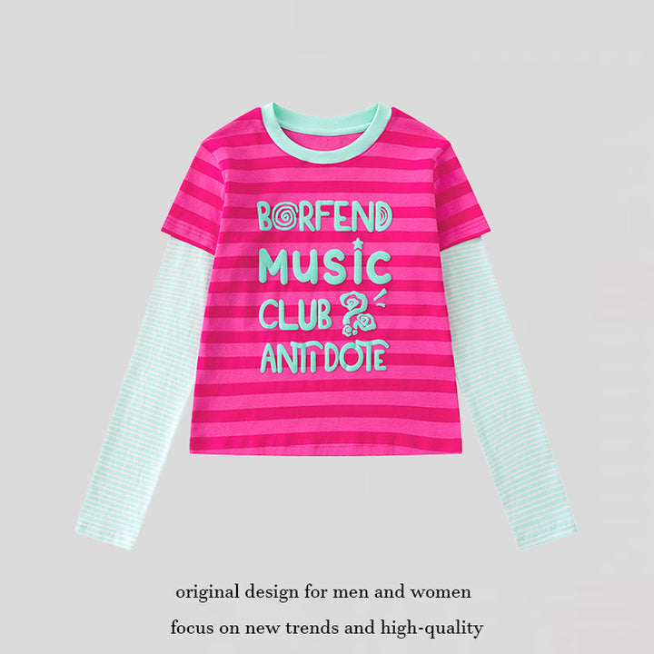 Women's Layered Long Sleeve Shirt in Layer Look with Contrasting Striped Sleeves and Typographic Print Amarae