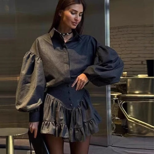 Women's set consisting of an elegant puff sleeve blouse and a flared skirt Amarae