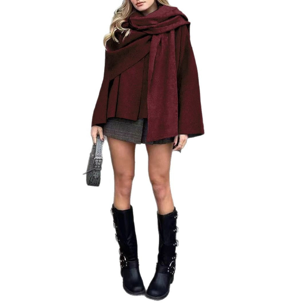 Women's Short Cape Jacket in Layered Look made of Wool Blend with Wide Batwing Sleeve Amarae