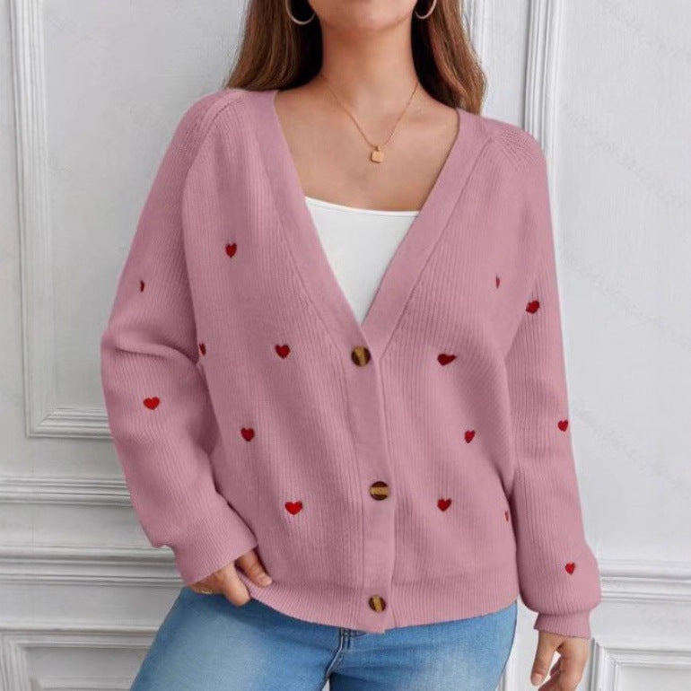 Ladies casual cardigan with heart-shaped appliqués and deep V-neck Lune London