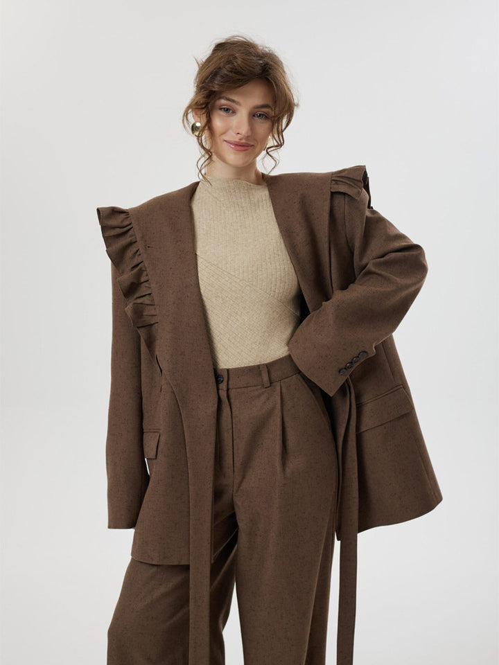Women Two-Piece Oversized Blazer and Pants Set with Ruffled Shoulder and High Pleat Amarae