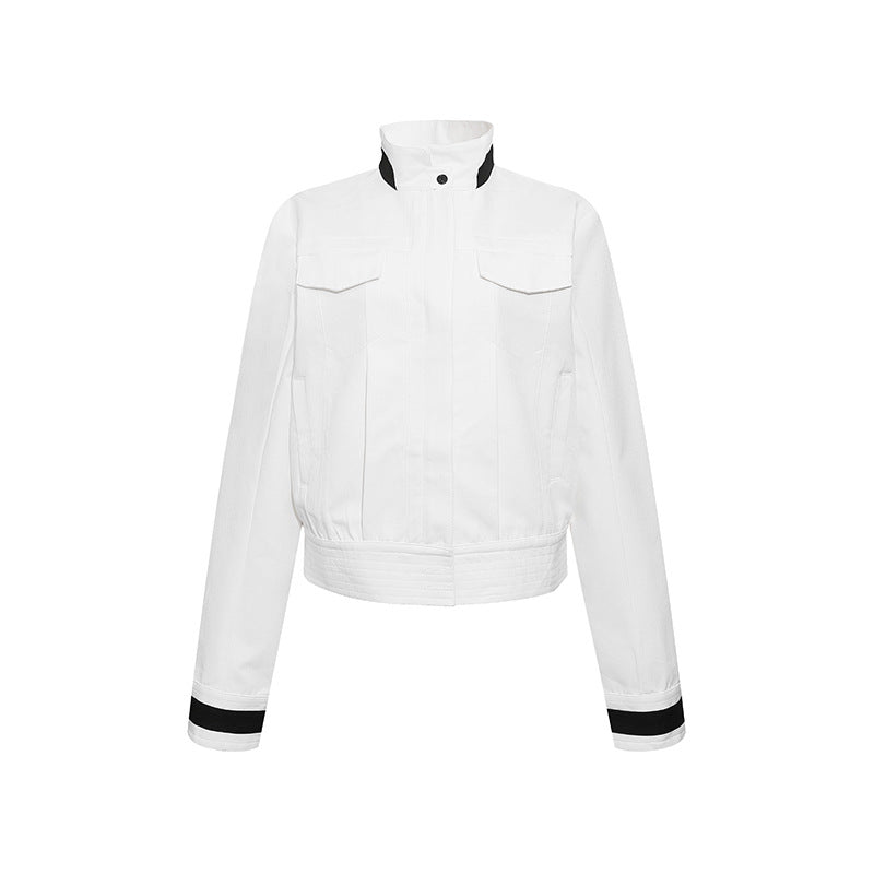 Women's cropped bomber jacket with stand-up collar, flap pockets, and contrast cuffs Amarae
