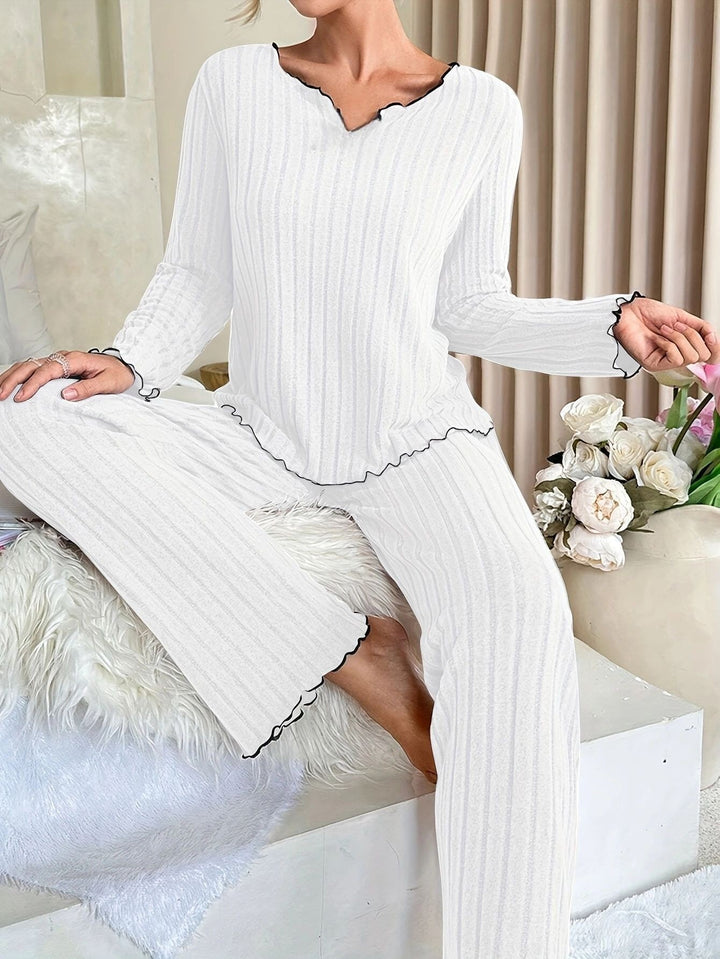 Ladies Comfortable Two-Piece Pajama with Contrast Ruffles Lune London