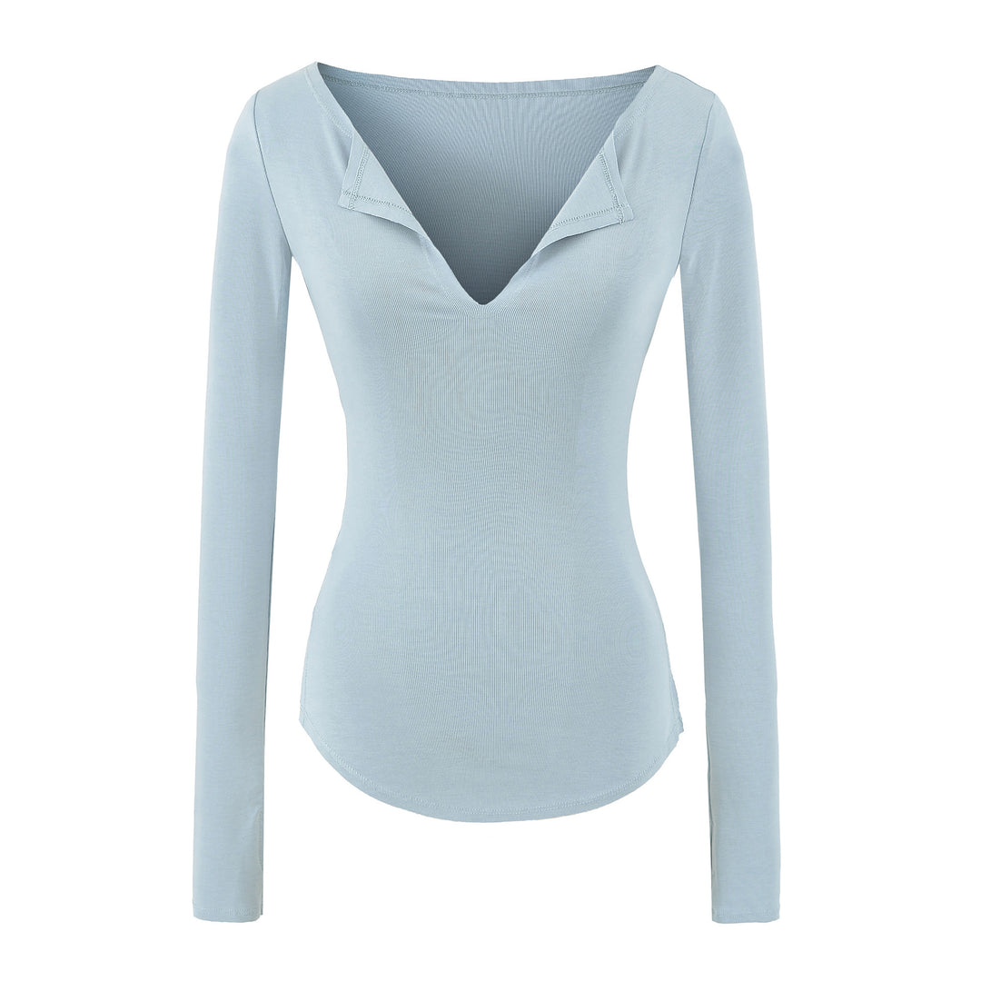 Women's fitted ribbed knit long sleeve with deep V-neck and collar trim Amarae