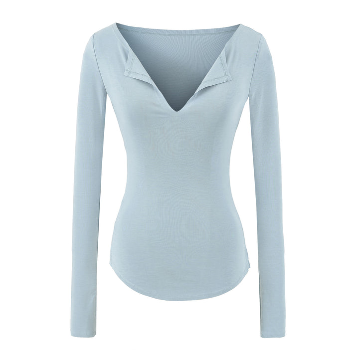 Women's fitted ribbed knit long sleeve with deep V-neck and collar trim Amarae
