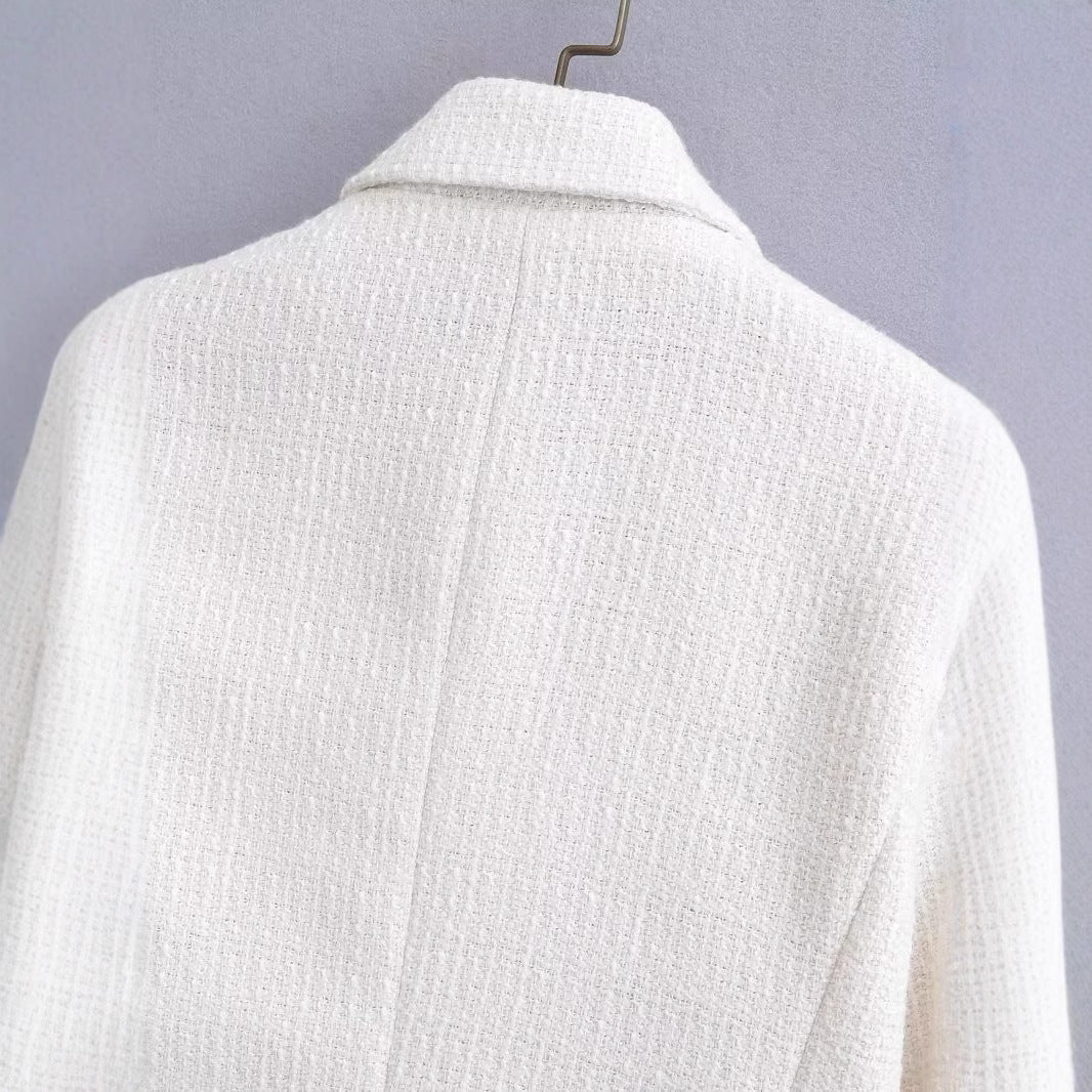 Women's Cropped Bouclé Tweed Blazer with Boxy Silhouette and Golden Decorative Buttons Amarae