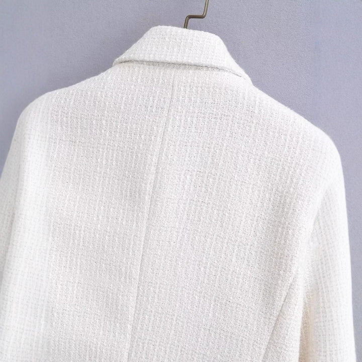 Women's Cropped Bouclé Tweed Blazer with Boxy Silhouette and Golden Decorative Buttons Amarae