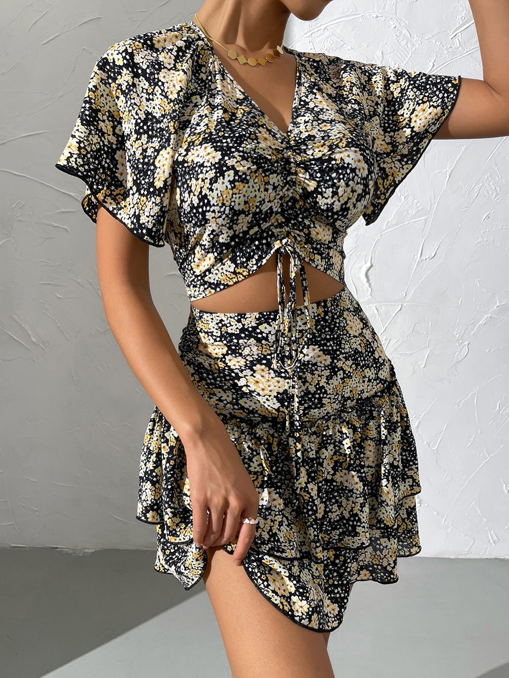 Lune London Women's Floral Mini Dress with Ruffles and Ruching