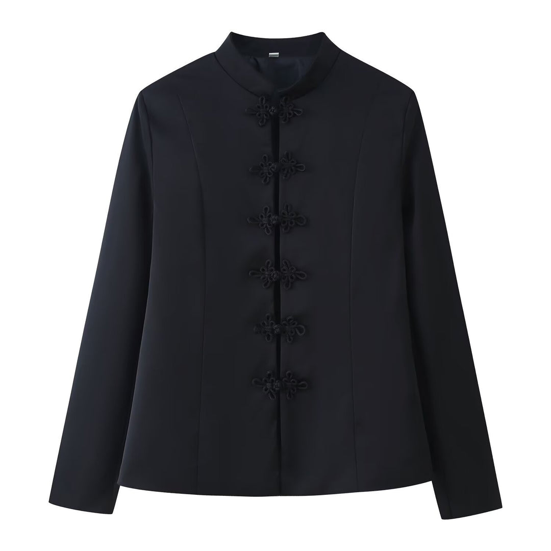 Women Tailored Mandarin Blazer with Frog Buttons and Shaping Darts Amarae