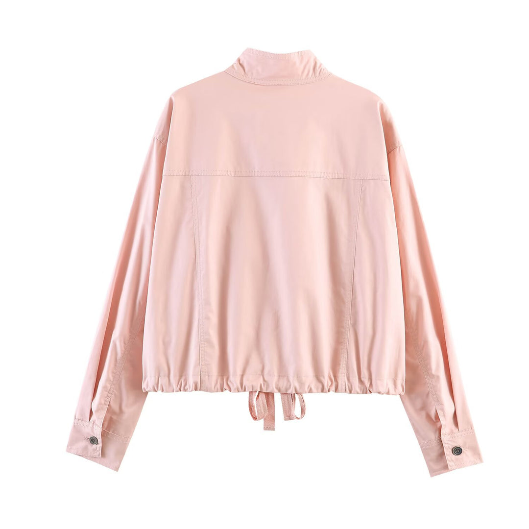 Women Lightweight Cropped Field Jacket with Stand-up Collar, Drawstring and Flap Pockets Amarae
