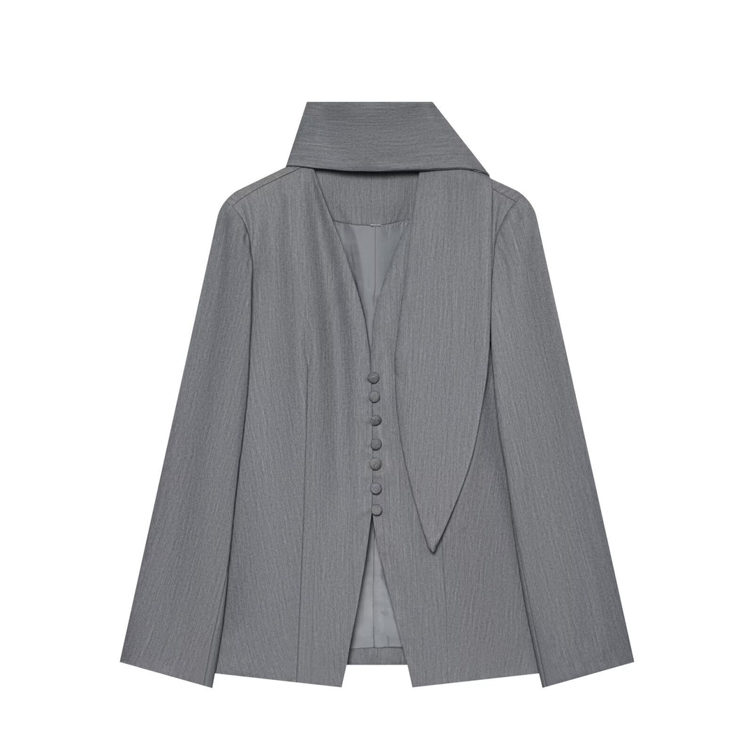 Women's Elegant Longline Blazer with High Funnel Collar and Overlapping Fabric Buttons Amarae
