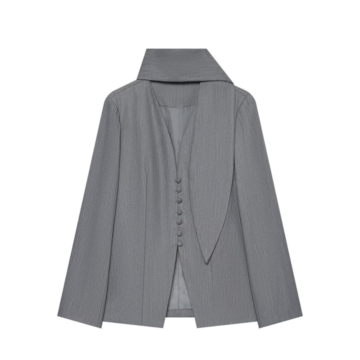 Women's Elegant Longline Blazer with High Funnel Collar and Overlapping Fabric Buttons Amarae