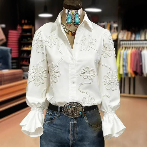 Ladies elegant blouse with floral embroidery and voluminous sleeves Amarae