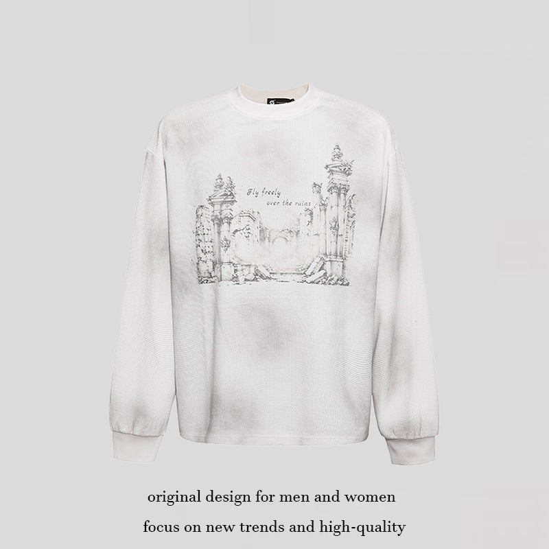 Women’s Oversized Sweatshirt with Waffle Texture, Round Neck and Ruins Sketch Print Amarae