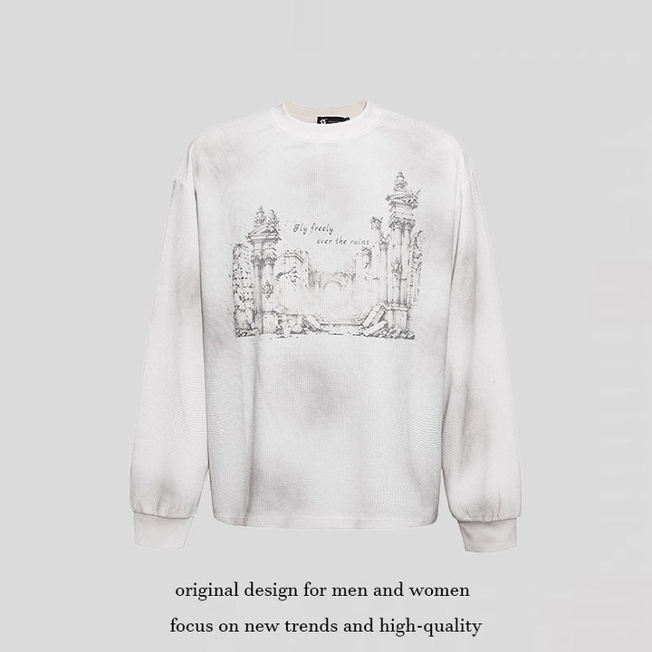 Women’s Oversized Sweatshirt with Waffle Texture, Round Neck and Ruins Sketch Print Amarae