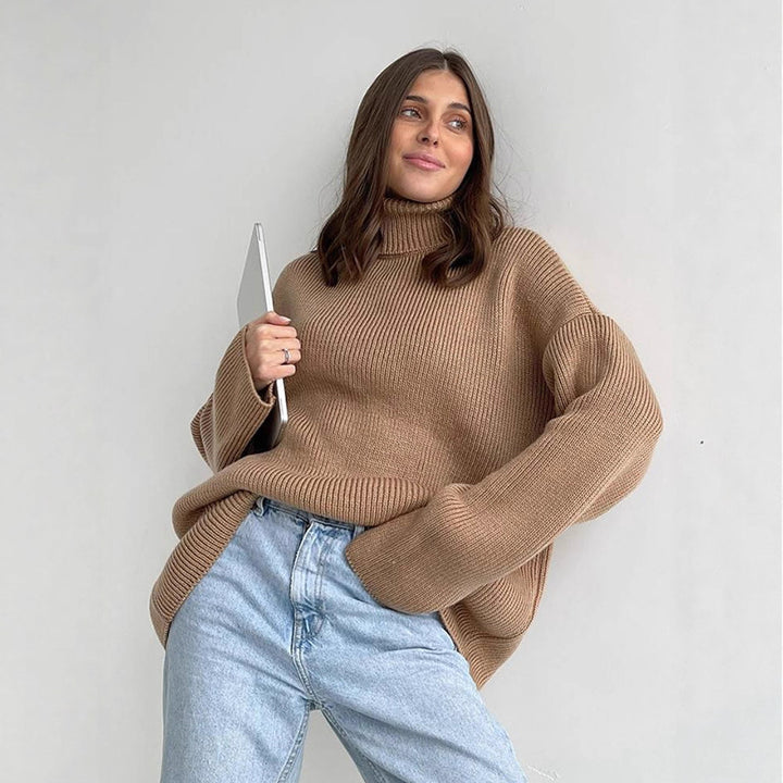Women Oversized Ribbed Knit Turtleneck Sweater with Extended Cuff Amarae