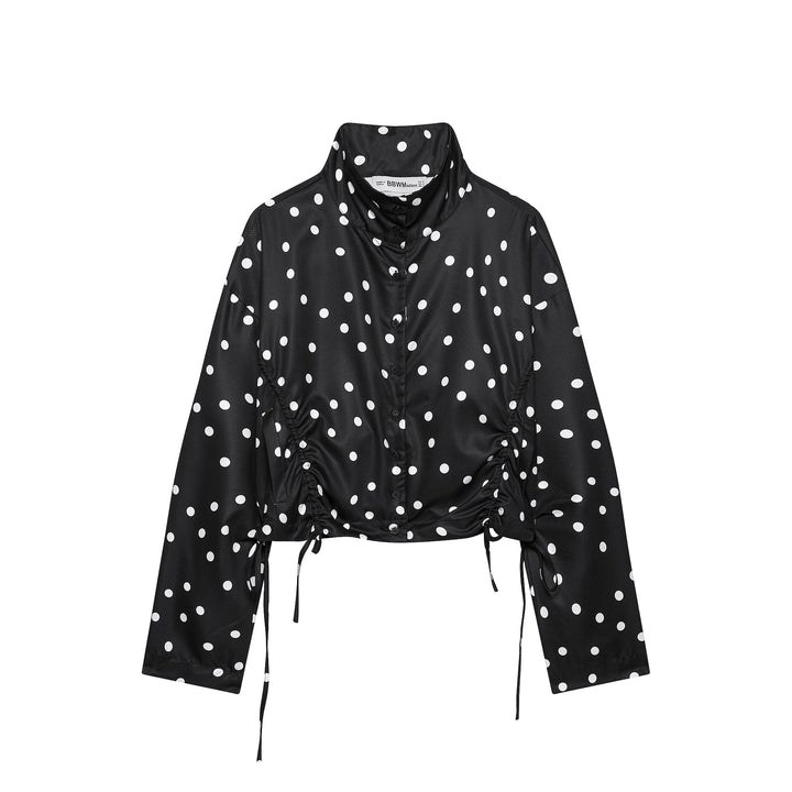 Women's Cropped Polka Dot Blouson Jacket with Standing Collar and Drawstring